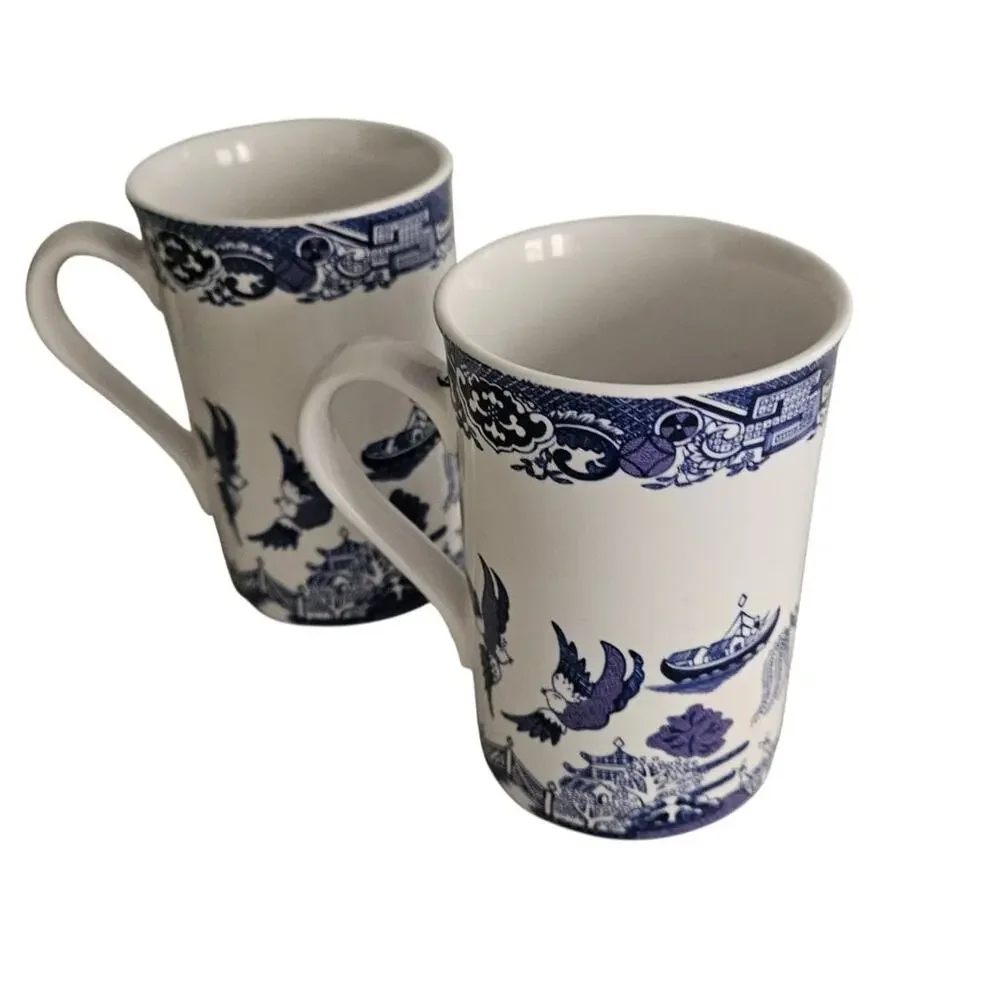 Royal Cuthbertson Blue Willow Mugs Set of 2 Blue White China
